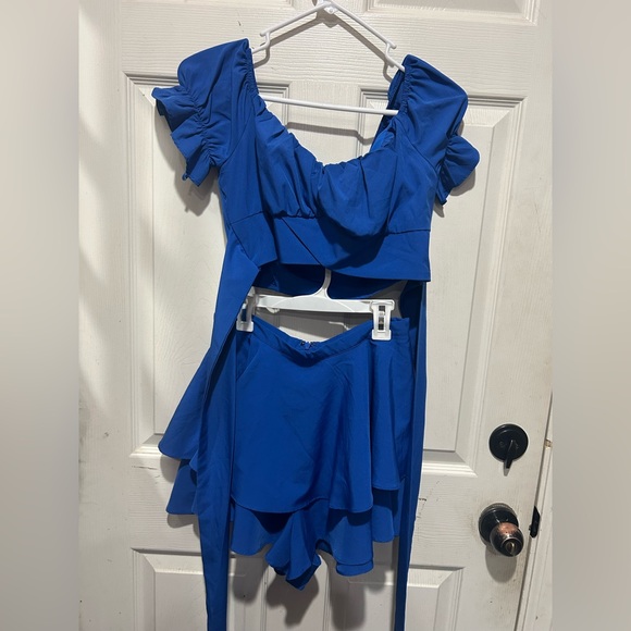 SHEIN blue off the shoulder shirt w matching skirt with ruffles Size S #party - Picture 2 of 8